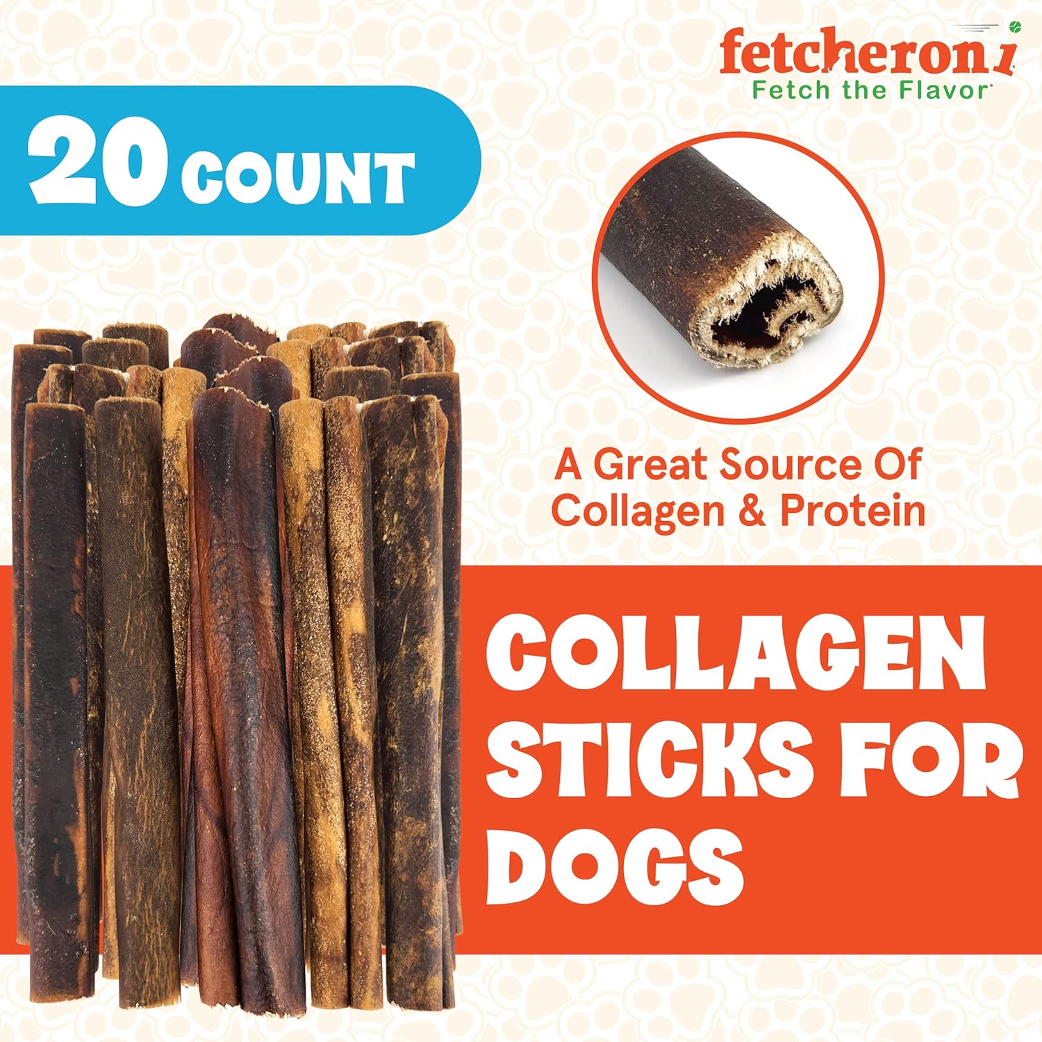 FETCHERONI Dog Chews Long Lasting Bully Stick and Rawhide Alternative. Healthy Beef Collagen Sticks for Dogs. 6 inch Tasty Dog Treat that Your Dog Will Love. (20 Pack)