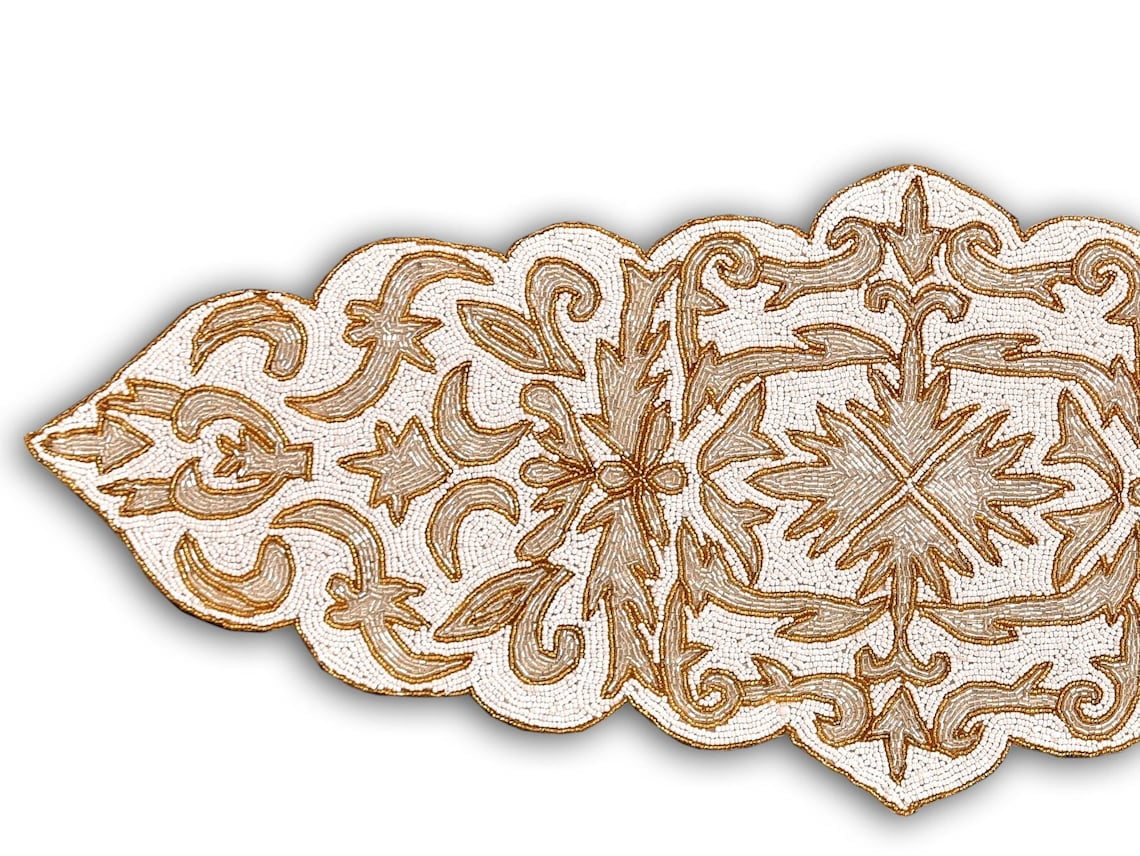 Handmade Beaded Table Runner, White And Gold Table Runner, Contemporary Table Topper 13X36 Inch