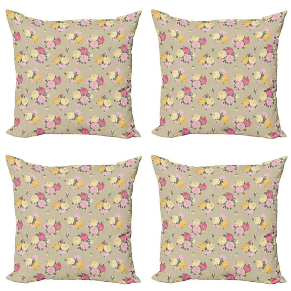 Ambesonne Rose Throw Pillow Cover 4 Pack, Vintage Rose Bunches Dots, 18", Multicolor