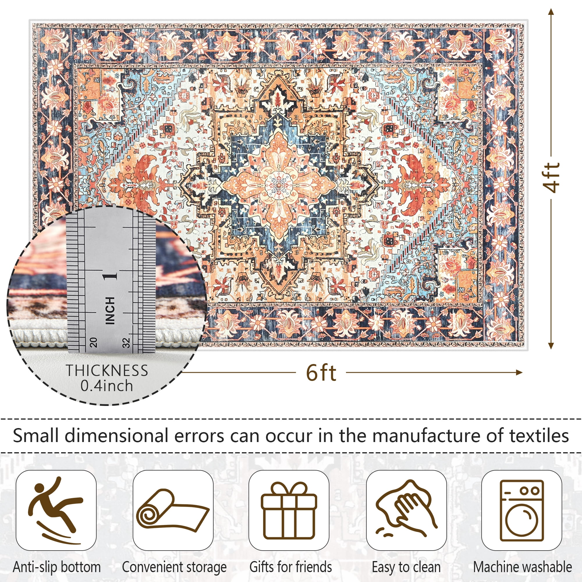 Homore Vintage Boho Oriental Medallion Area Rug, 4' x 6', Orange
