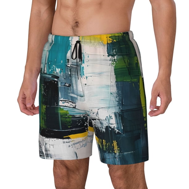 Fotbe Abstract Brushstrokes Green Blue Traje de Baño para Hombre – Shorts de Natación de Secado Rápido con Forro y Bolsillos-3X-Large