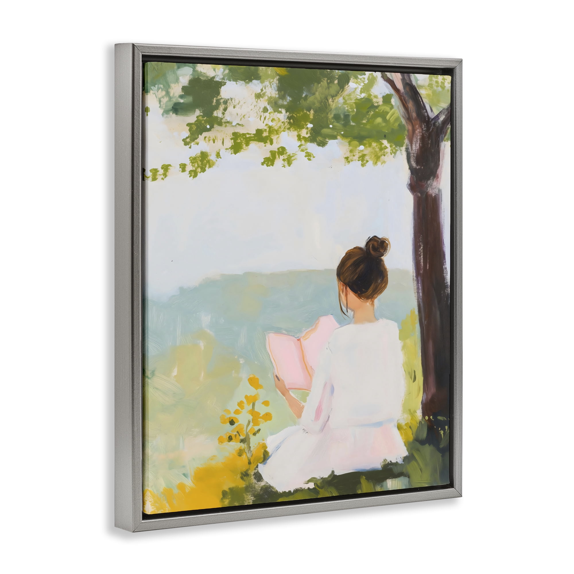 Stupell Industries Girl Reading in Nature Gray Framed Floater Canvas Wall Art, design by The Prints Vibe