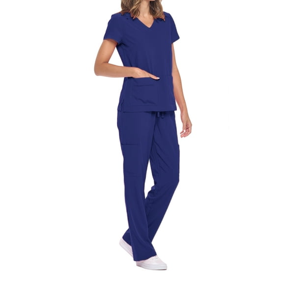 purcolt Women's 2 Piece Scrub Set Short Sleeve V-Neck Tops Elastic High Waist Drawstring Flared Leg Pants Casual Breathable Stretch Workwear Medical Uniform with Multi Pockets