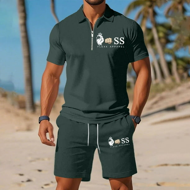 WILLBEST Conjunto Deportivo de Verano con Estampado de Letras Europeas para Hombre, Informal, Holgado y Cómodo, de Manga Corta y con Bolsillo.