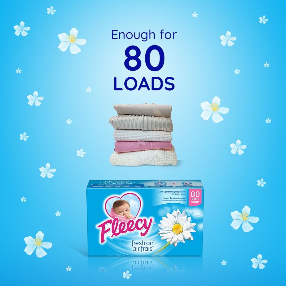 Fleecy Dryer Sheets, Fabric Softener, Fresh Air Scent, 80 Sheets