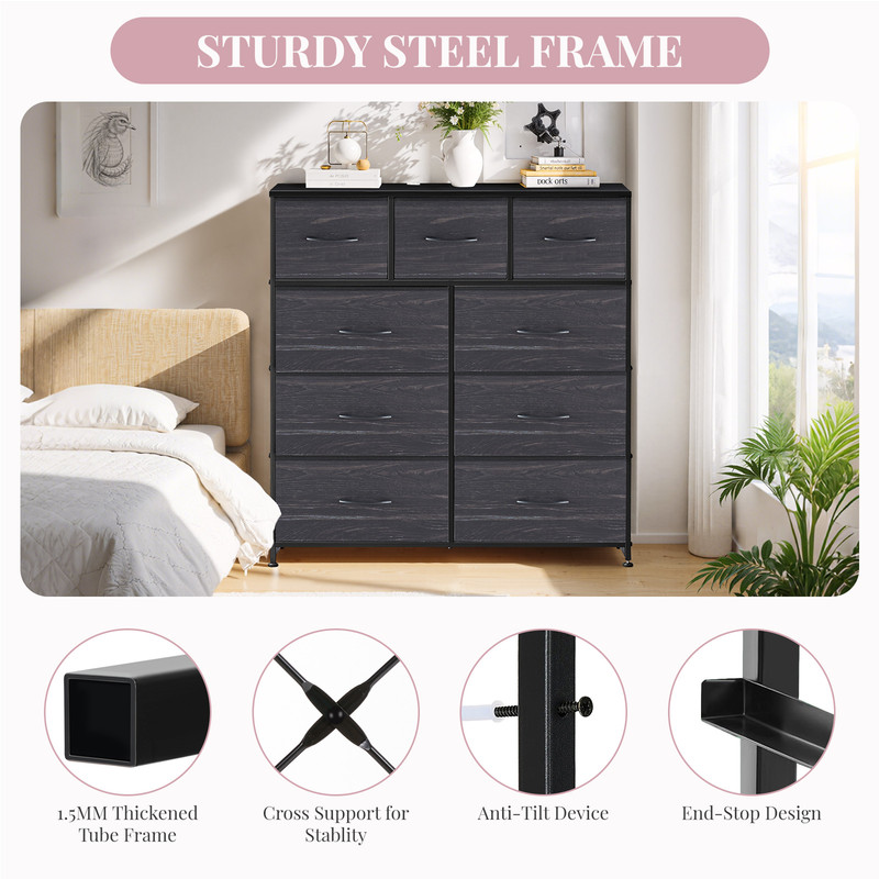 9 Drawers Dresser, Storage Dresser Organizer with Drawers, Chest of Drawers, Dresser with Metal Frame and Wood Tabletop for Bedroom, Guest Room, Closet, Entryway, Nursery, Black