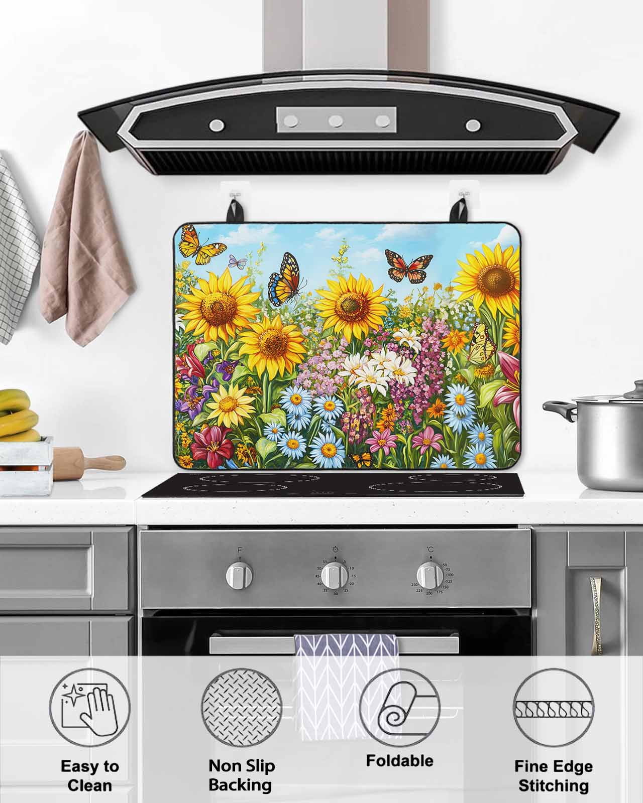 nqOlkjepod Large Induction Cooktop Protector Mat 36"x21", Spring Wildflower Stove Top Covers for Electric Stove, Floral Leaves Country Pastoral Stove Burner Cover Mats, Glass Top Stove Cover
