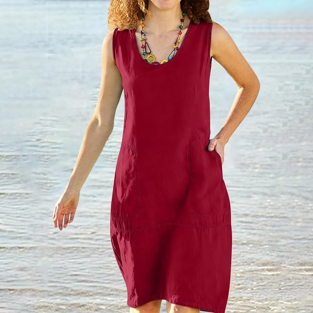 Uootdi Robes Décontractées pour Femmes Sans Manches Col Rond Poches Latérales Coupe Ample Décontractée Quotidienne Été Sorties Robe Droite Vêtement Cadeau