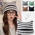 thumbnail image 3 of Knit Beanie with Cat Ear Design, Japanese Style, Striped Pattern for Autumn Winter, 3 of 9