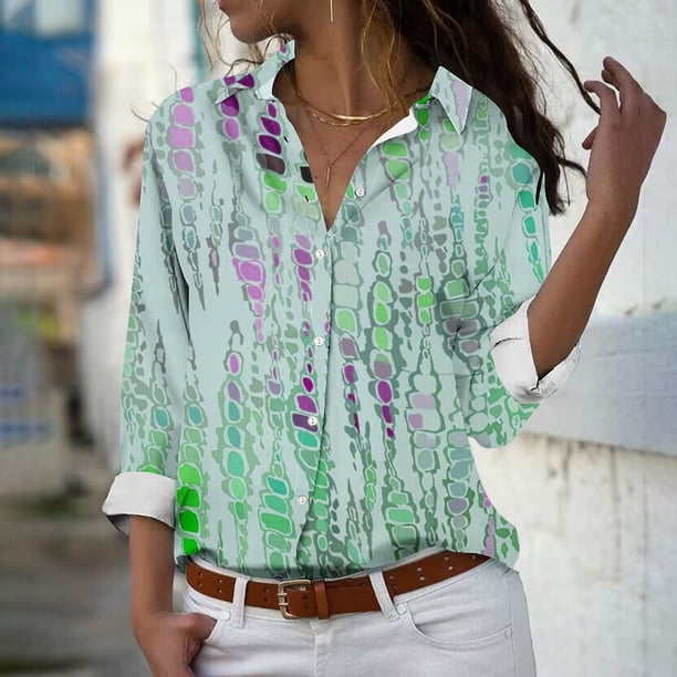 Fiudx Ofertas de La Semana Camisa con Botones de Solapa Estampada de Serie Informal Regular de Manga Larga para Mujer