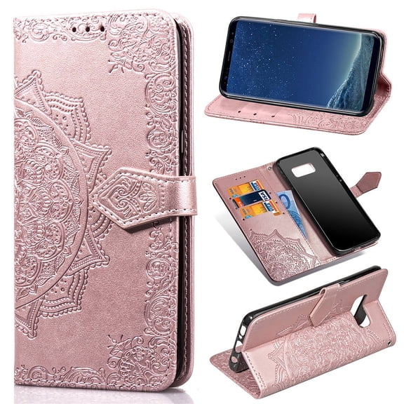 Galaxy S8 Wallet Cases and Covers, Allytech Slim Premium PU Flip Stand Cover Mandala Embossed Full Body Protection with Card Holder Magnetic Closure for Samsung Galaxy S8 Phone, Rosegold