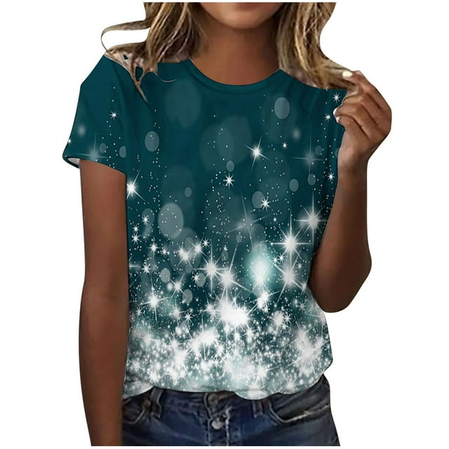 Dealovy T-Shirts pour Femmes Manches Courtes Décontractées Tuniques Imprimées Col Rond Été Blouses Amples Confortables