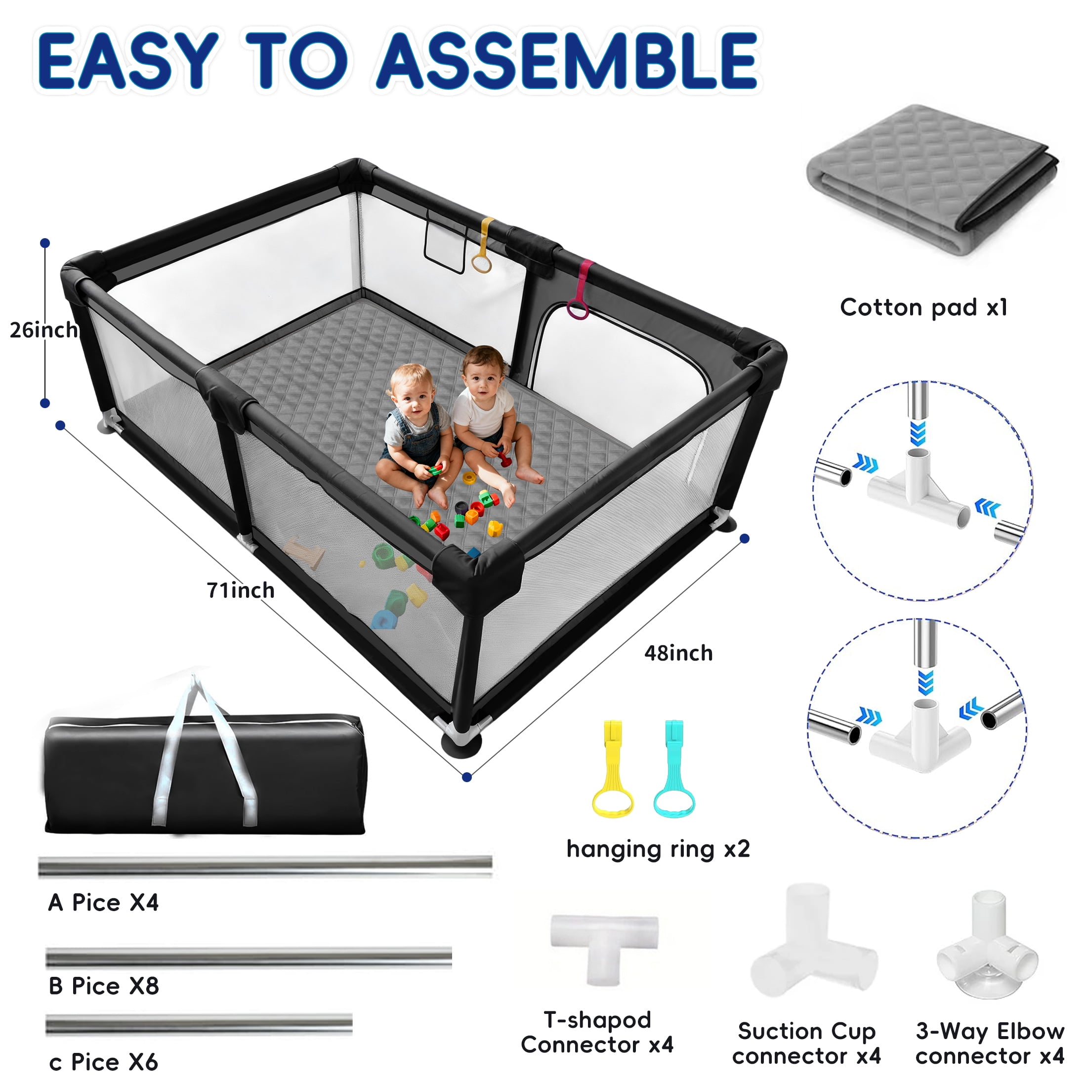 HioHa Large Baby Playpen with Mat | Premium Spacious Play Yard (71“), Sturdy Steel Frame & See-Through Mesh for Safety | Easy Fold, Portable for Indoor Outdoor Use