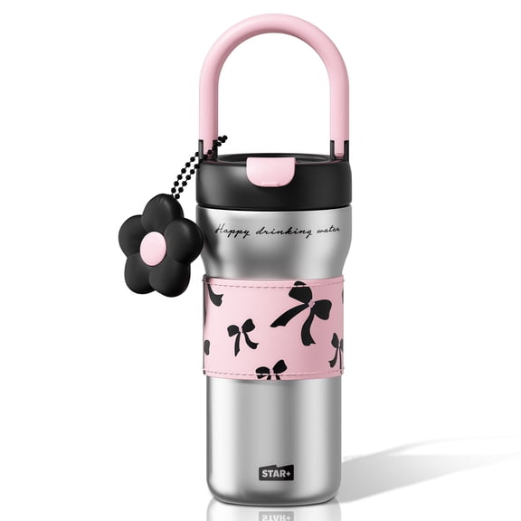Sidagar 25 fl oz Stainless Steel Insulated Water Bottle with Handle, Leakproof Straw Lid, Silver Bow