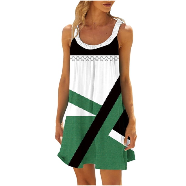 Vestido de Verano para las Mujeres Impreso sin Mangas Cuello Redondo, Suelto de Rodilla de Longitud Vestido Casual para la Primavera