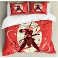 thumbnail image 1 of Samurai King Size Duvet Cover Set, Oriental Figure with Circular Motif Background Traditional Japanese, Decorative 3 Piece Bedding Set with 2 Pillow Shams, Dark Coral Brown Cream, by Ambesonne, 1 of 3