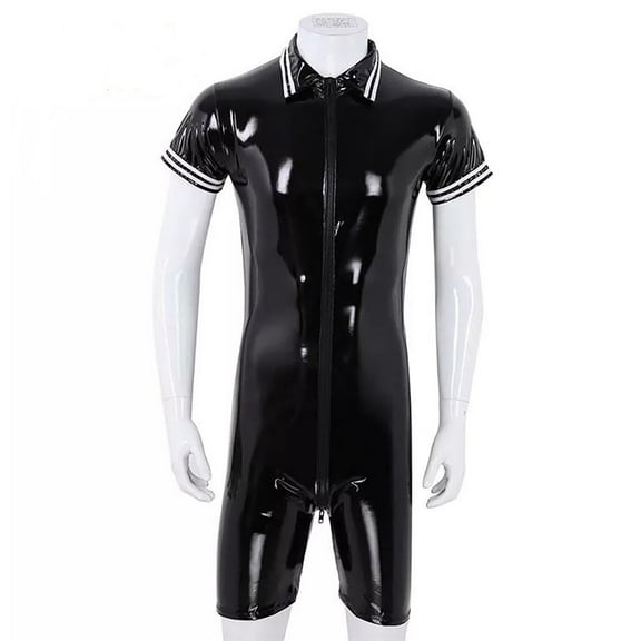 Men Shiny Leather Bodysuit, Sexy Zipper Open Crotch, Wetlook PVC Leather, Plus Size Latex Leotard Crotchless