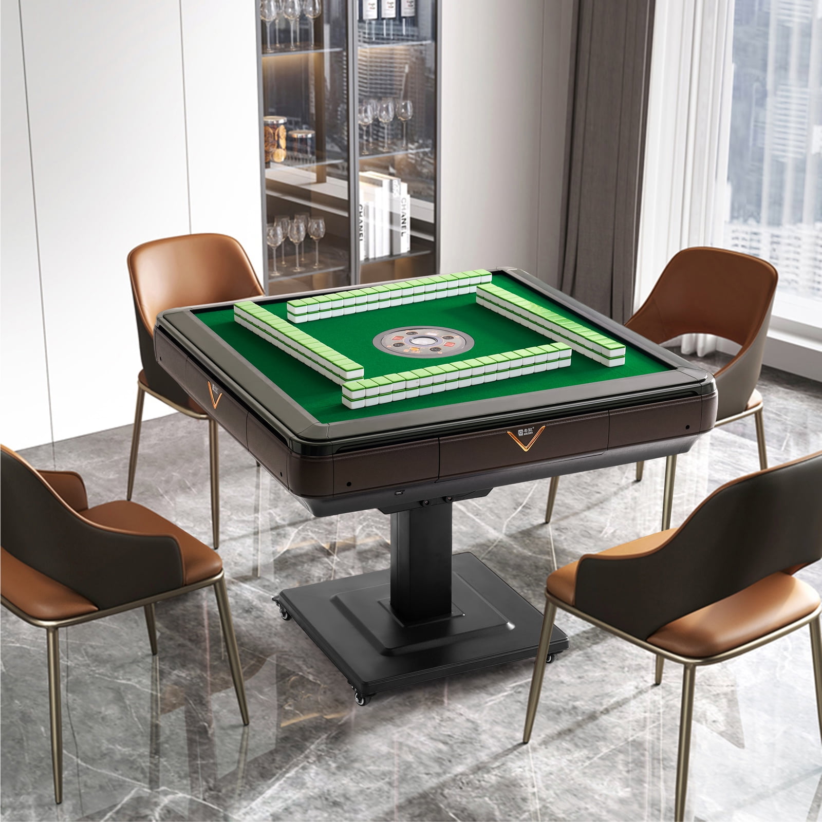 EDILLY Automatic Mahjong Table Foldable 44mm Tiles with Wheel with 2 Sets of Numbered Tiles (Blue & Green) Suitable for 152 Tiles Chinese, Filipino and American Style Mah Jong