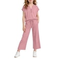 thumbnail image 2 of Zpanxa Girls V Neck Henley Short Sleeve Top Wide Leg Pants Set Casual Two Piece Outfit Toddler Pink 13 Years, 2 of 9