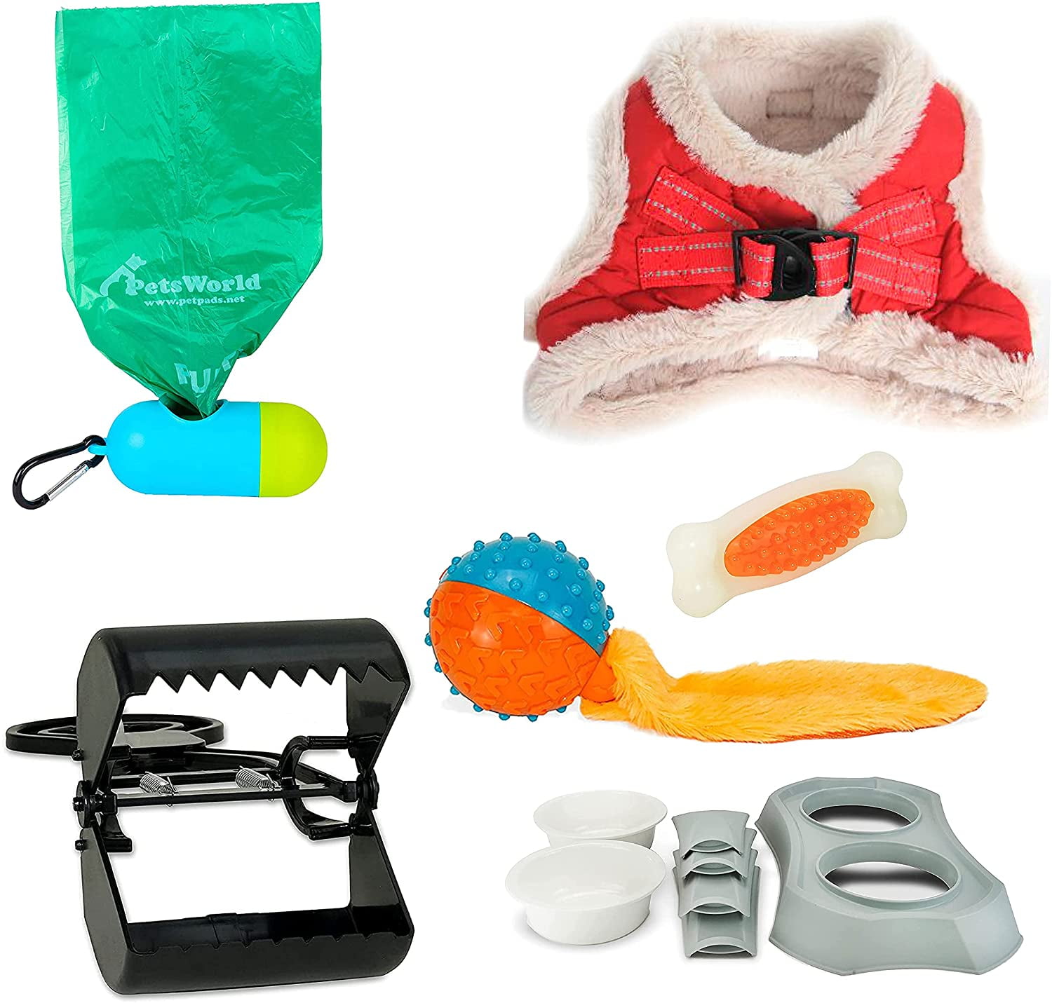 PETSWORLD Pet Starter Kit, Warm Red Harness for Small Dogs, Pet Bowl, Dog Ball Toy, Bacon Toy, Pooper Scooper + Dog Waste Bags