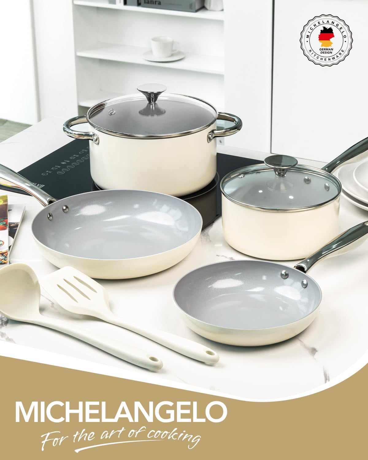 MICHELANGELO Pots and Pans Set Non Stick - Ceramic Cookware Set, 8-Pcs Nonstick Pots and Pans with Ergonomic Handle, Dishwasher Safe & Induction Compatible, Cream
