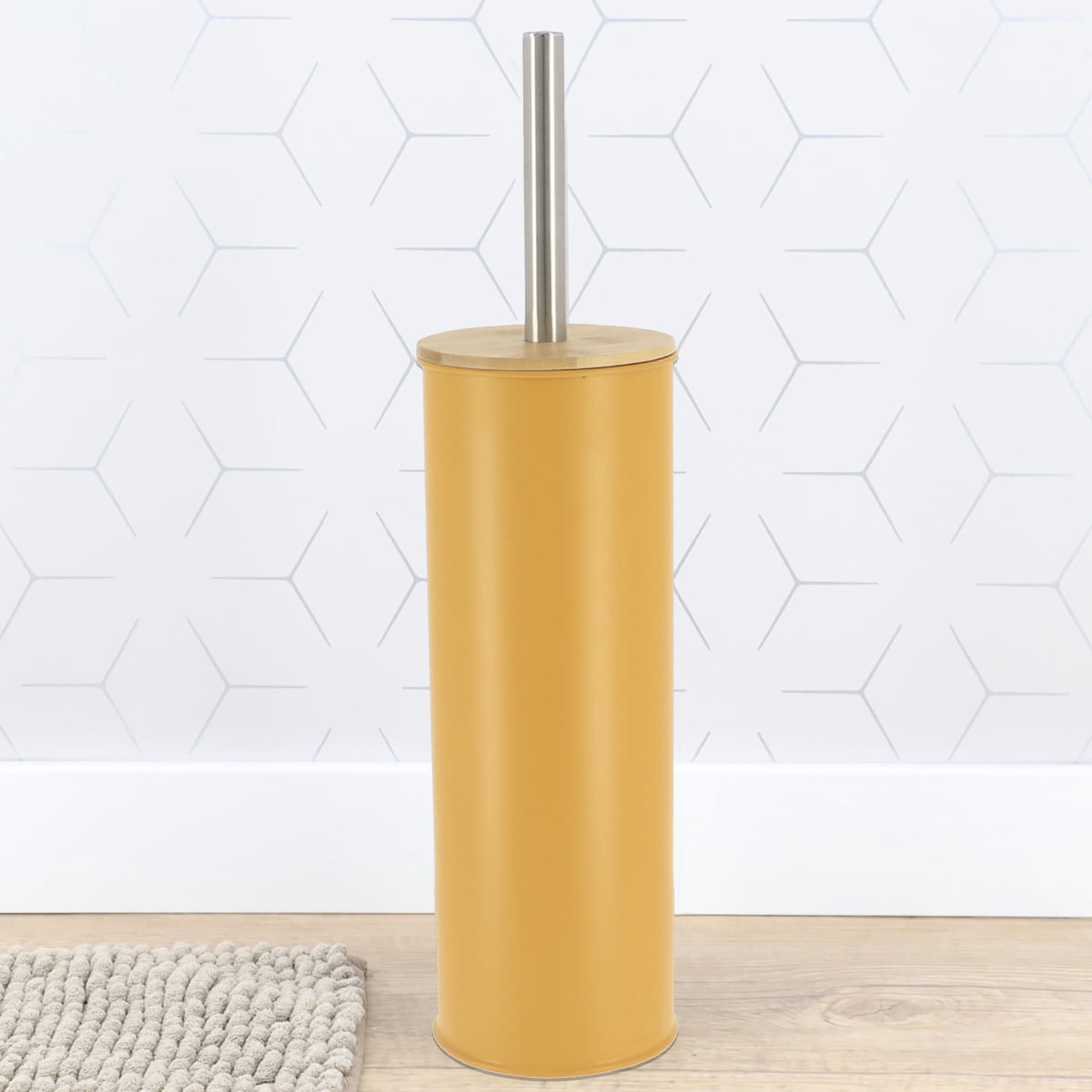 Mustard Yellow Metal Toilet Brush and Holder Set With Bamboo Lid