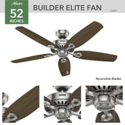 Hunter 52 inch Indoor Ceiling Fan No Light with Pull Chain - Ceiling Fan without Light, Standard Mount, 5 Blades, For Bedroom, Living Room, or Kitchen - Builder Elite 53241, Brushed Nickel