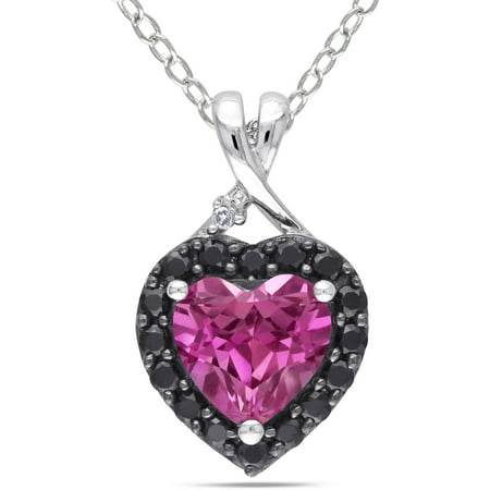 1-7/8 Carat T.G.W. Created Pink Sapphire and Black Spinel with Diamond Accent Sterling Silver Heart Pendant, 18
