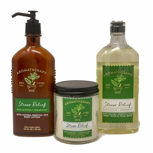 Body Works Diffuseur de Soulagement du Stress Aromathérapie, Coffret Cadeau Spa Bien-tre, Lotion pour le Corps Eucalyptus Menthe Verte + Gel Douche & Mousse Bain + Mèche Bougie, Relax Essentiel