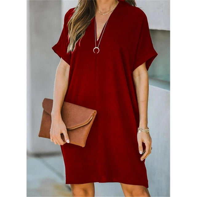 Robe d'Été Unie pour Femmes Papillon Découpée Décontractée Col en V Manches Courtes Robes Amples