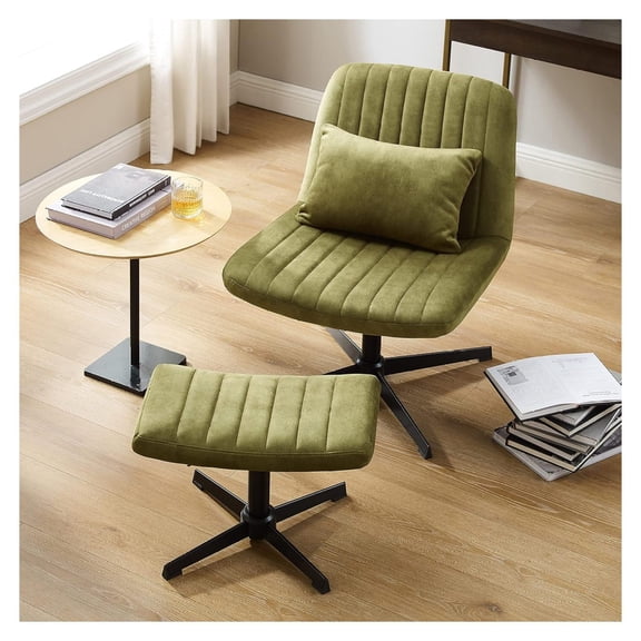 Drevy Desk Chair No Wheels, with Foot Rest Stool and Lumbar Pillow, Century Modern Rocking Back Ergonomic Chair, Swivel Accent Chair for Living Room Bedroom, Velvet Tufted, Green