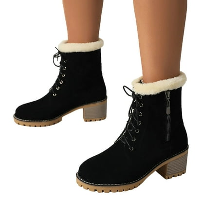 

Mepaouo Women s Ankle Boots Low Heel Fleece Lined Lace up Walking Winter Snow Booties(Black 8)