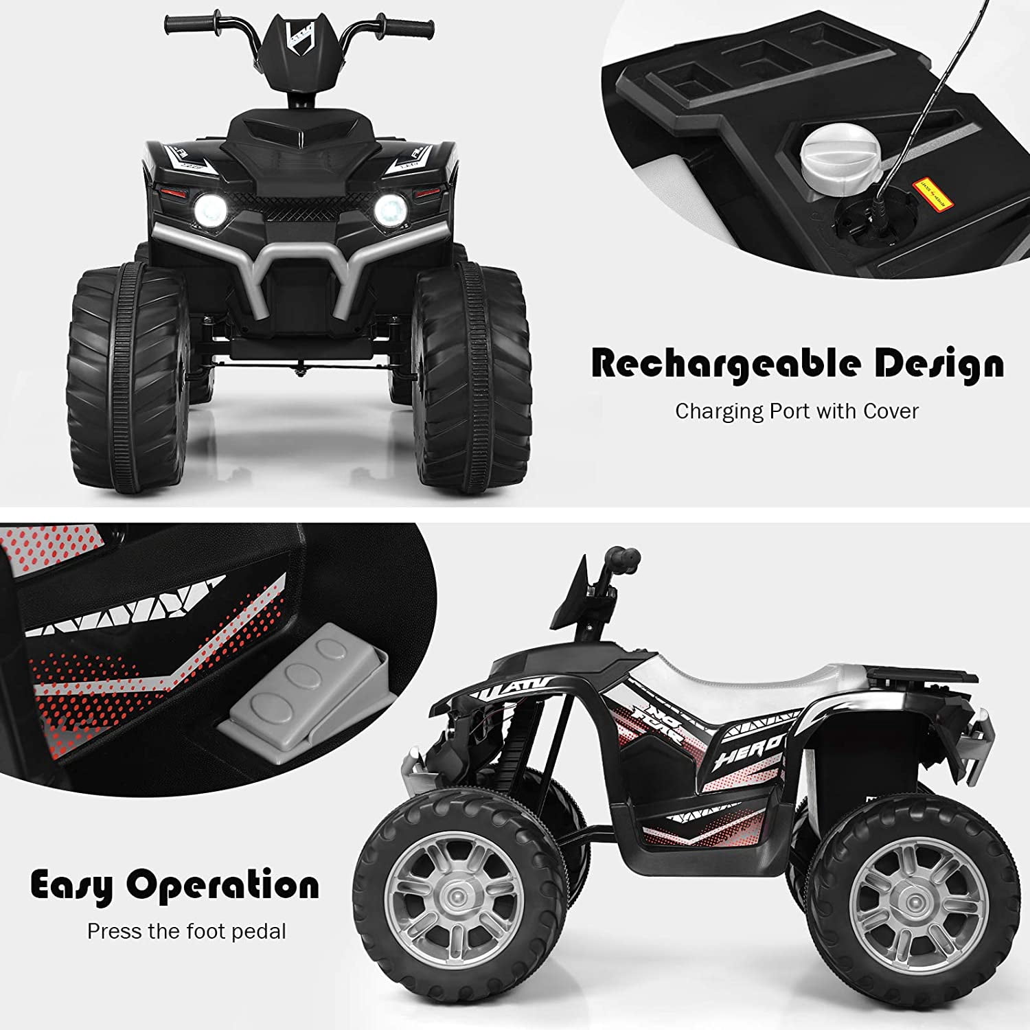 Infans 12V Kids 4-Wheeler ATV Quad Ride On Car w/ LED Light & Music Black