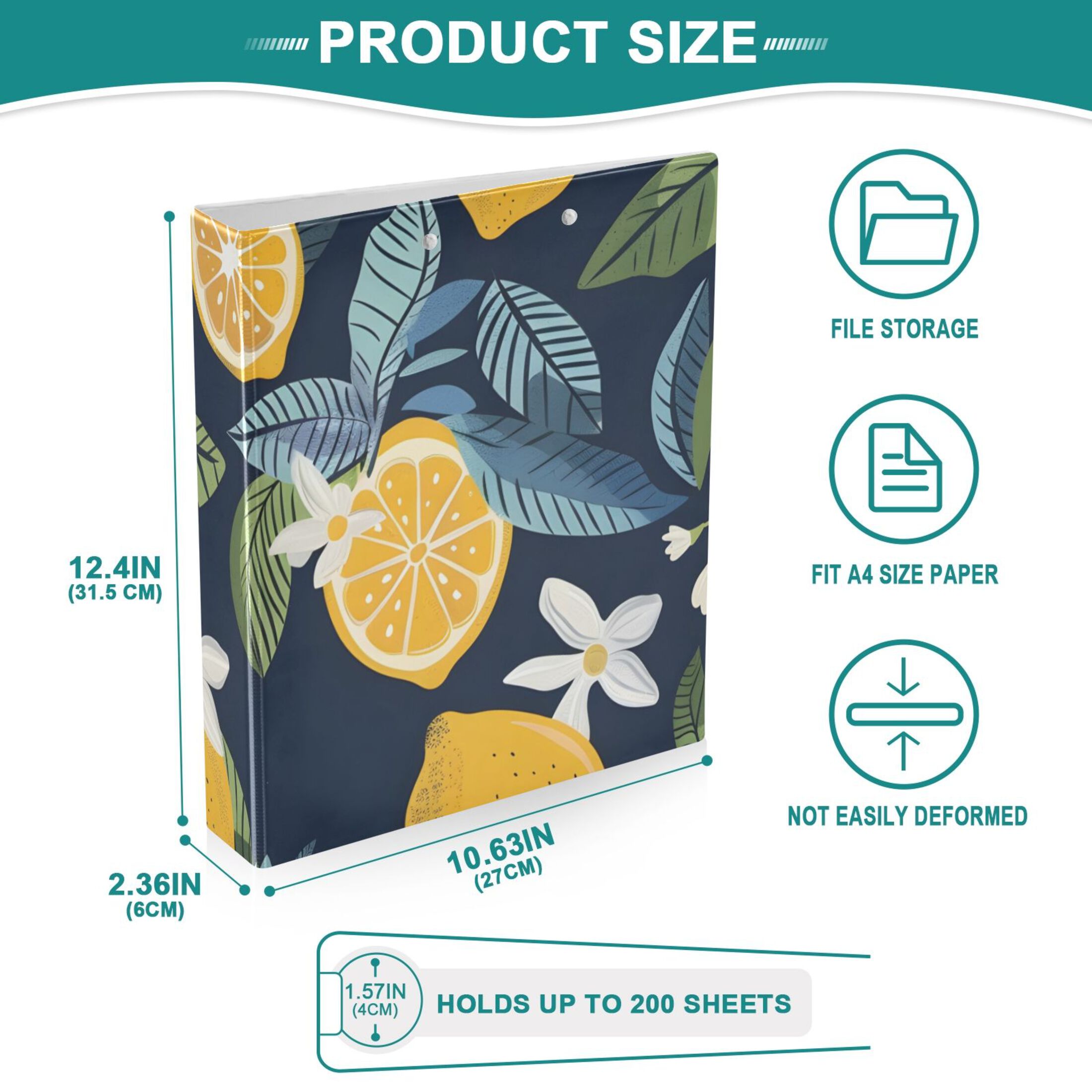 Lemon Fruits Lemon Blooms 3 Ring Binders 1.5 inch Hardcover File Folders with Interior Pockets A4 Size Organizer for School Office Hospital