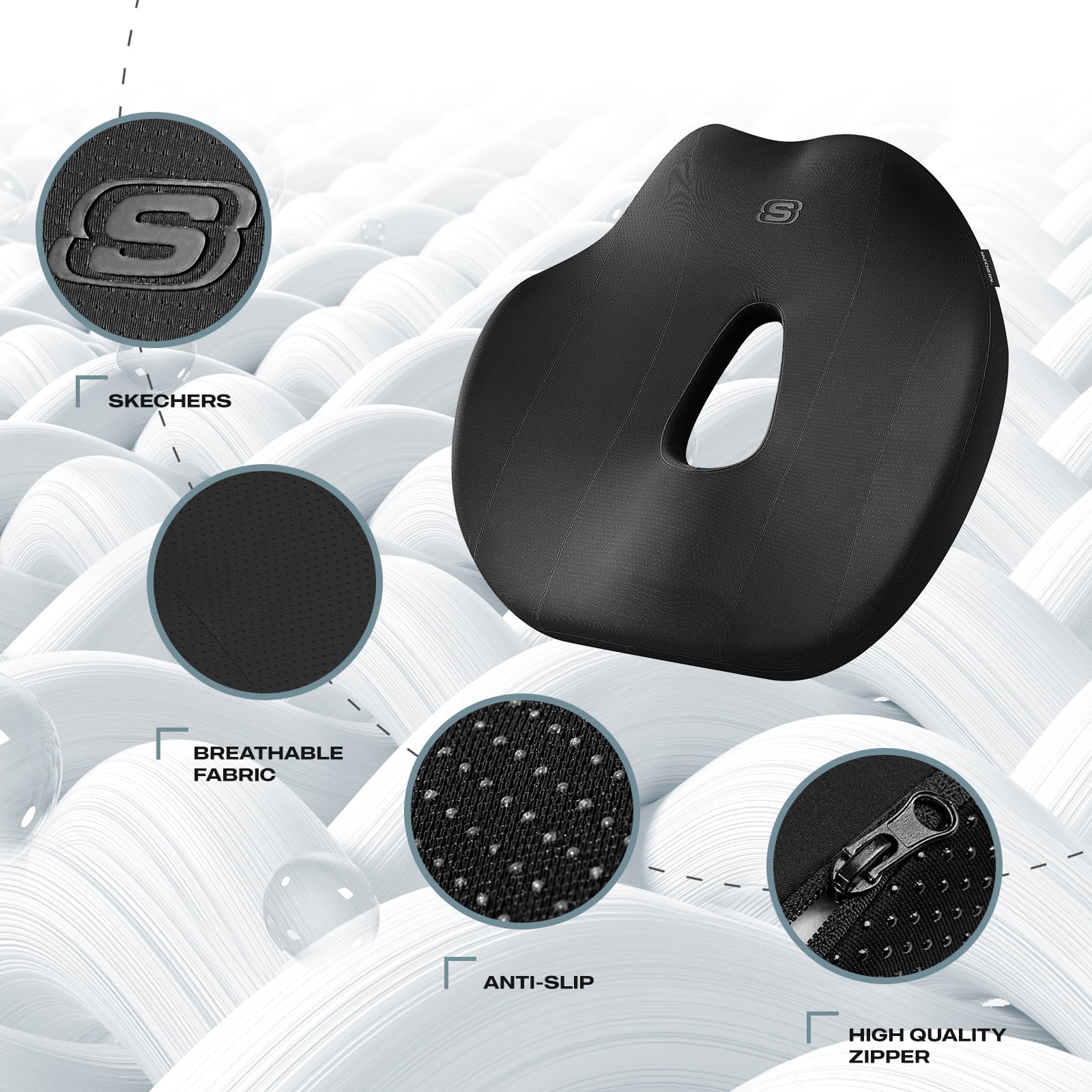 Skechers Car Seat Cushion, Memory Foam Seat Cushion, Ergonomic Support Cushion for Car Seat, Pressure Relief Driving Cushion, Non-Slip Breathable Cushion for Car Office Home, Black