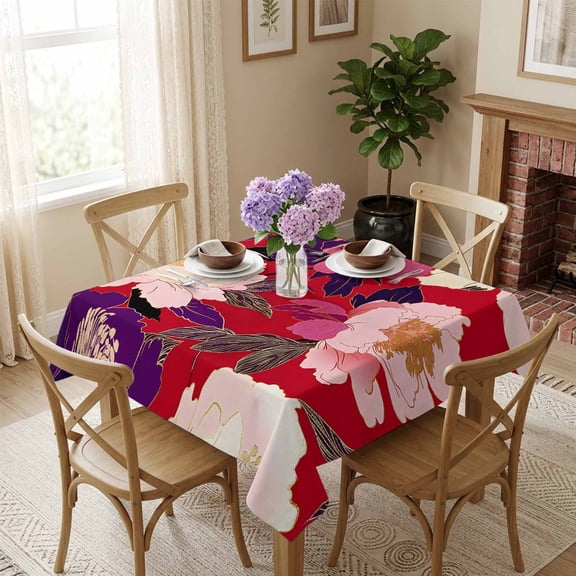 Watercolors Pink Red Flowers Square Tablecloth 60x60 Inch Floral Leaf Waterproof Polyester Tablecloth for Dining Table, Washable Table Cover for Kitchen Dining Room Wedding Decoration,Stain Resistant