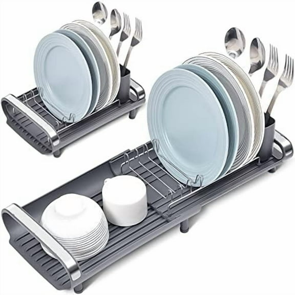 Small Dish Drying Rack, Mini Expandable Compact Dish Rack, Slim Extendable Stainless Steel Dish Drainer for Kitchen Plate Storage, Space Saving Dish Strainer in Sink or on Home Countertop, Gray