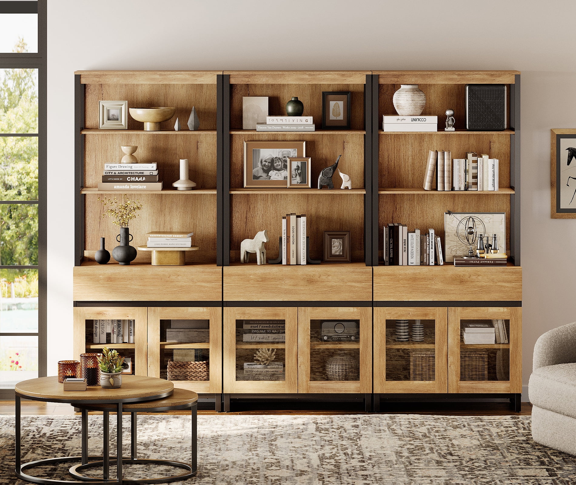 WAMPAT 3 PCS Modern 72" Tall Bookcase with 3 Drawers and Open Book Shelf, Library Book Shelf with Storage Cabinet and Glass Doors, Wood Freestanding Bookshelves for Home Office, Living Room, Oak