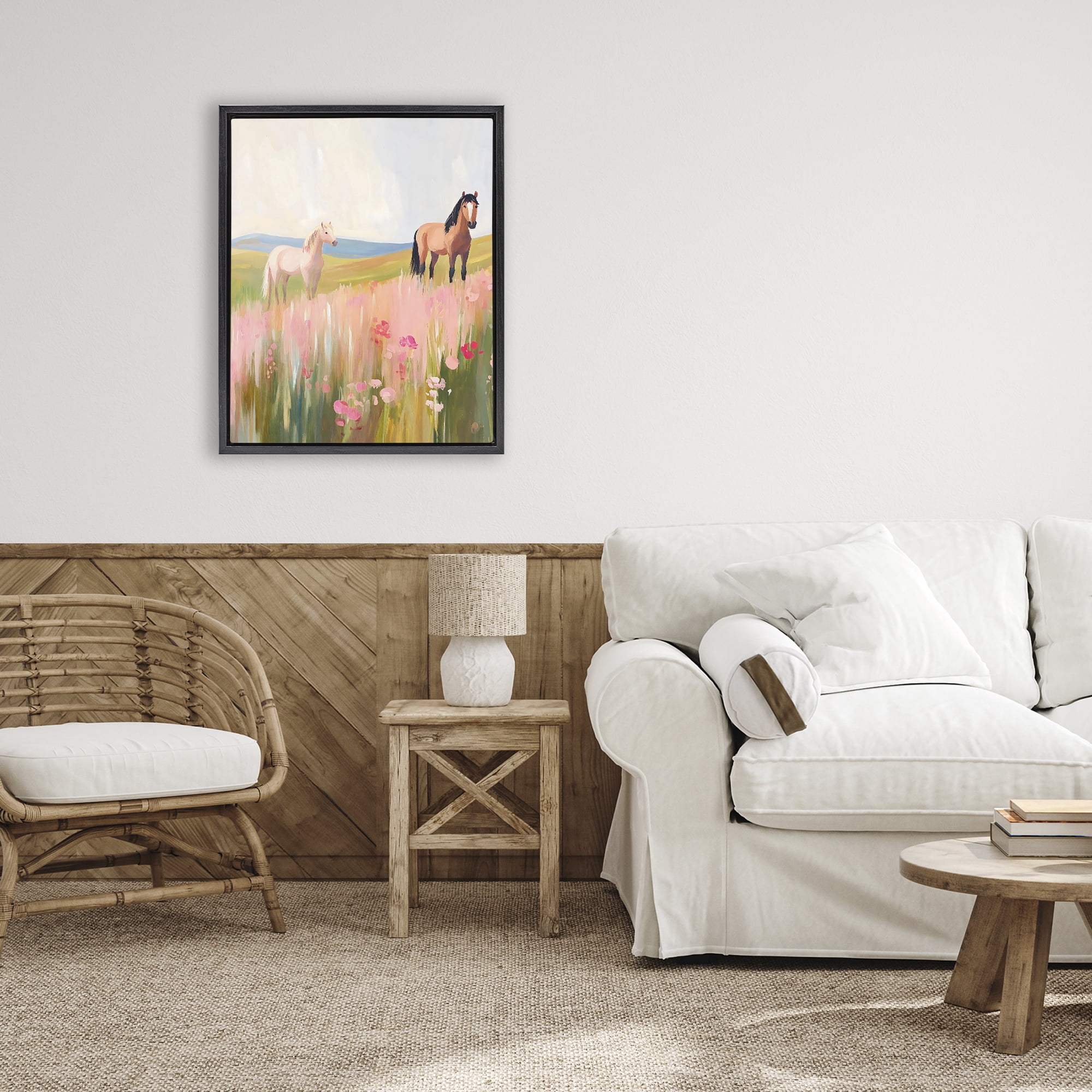 Stupell Industries Wild Horses in Pink Meadow Black Framed Floater Canvas Wall Art, design by The Prints Vibe