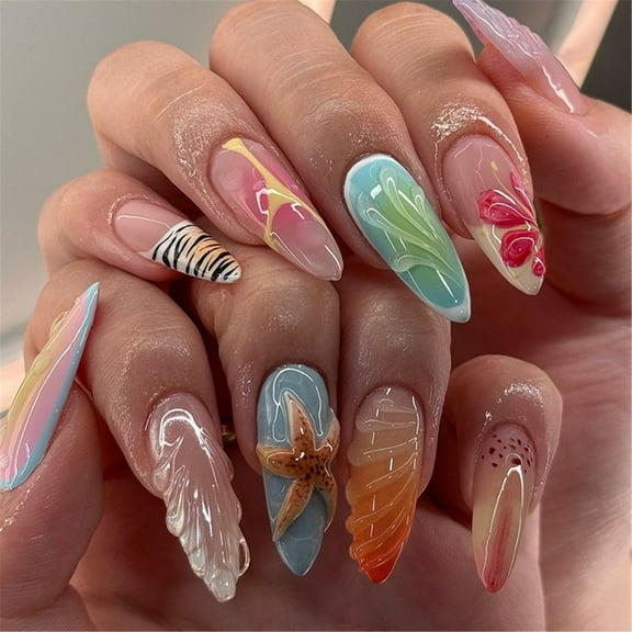 24 Pieces Almond Artificial Nails With Elegant 3D Sea Shell Designs Nails Accessories For Stylish Women