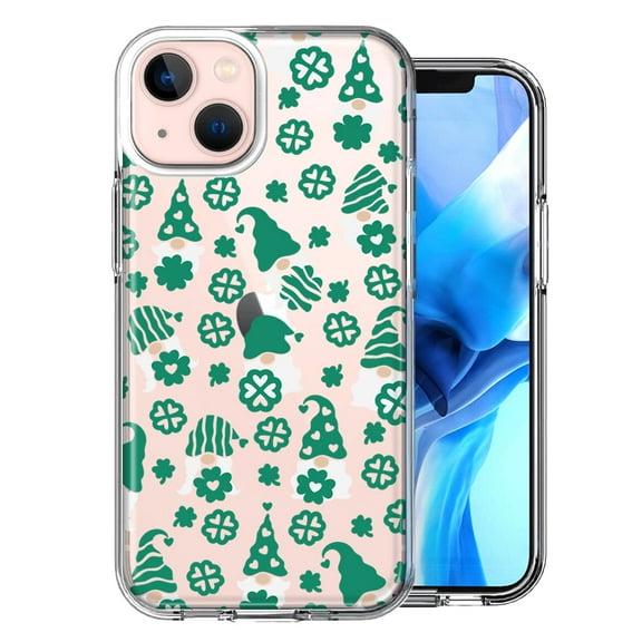 MUNDAZE Case for Apple iPhone 15 Plus Hybrid Shockproof Slim Hard Soft TPU Shell Heavy Duty Protective Phone Cover - Lucky Green St Patricks Day Cute Gnomes Shamrock Polkadots