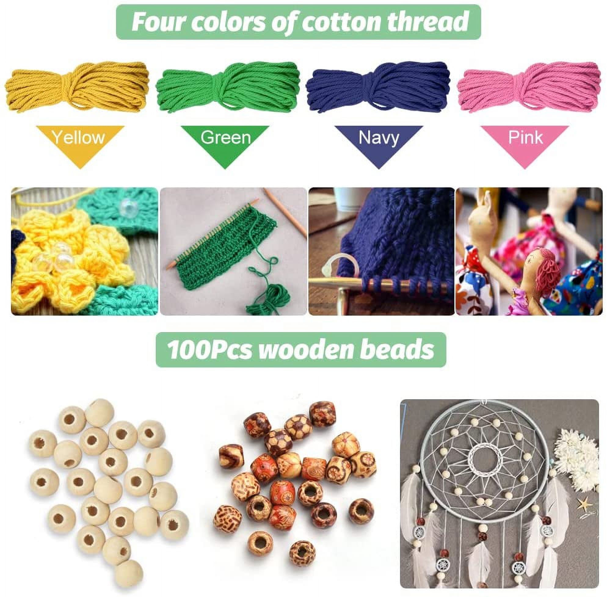 BUZIFU Natural Macrame Cord, 3MM*100M Cotton Cord Macrame Rope Macrame Kit with 100 Pcs Wood Beans, 4 Pcs Metal Rings, 4 Color Craft Cotton String Twine for Plant Hangers Knitting Macrame Craft DIY