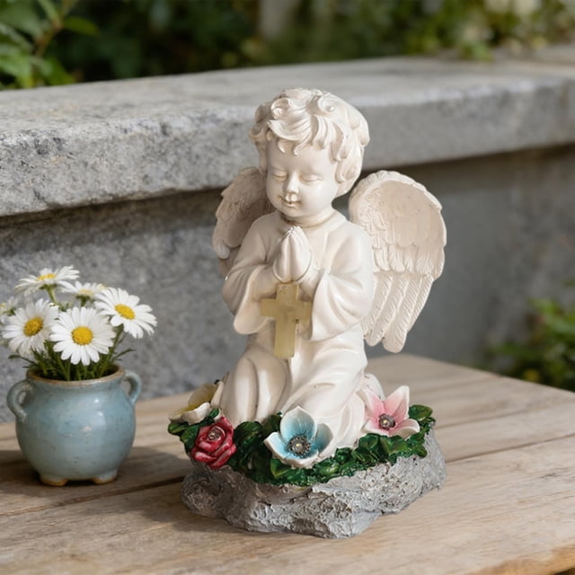 Estatua de ángel de jardín, decoración solar para patio, escultura de ángel arrodillado de resina para césped, , patio, regalo de inauguración d