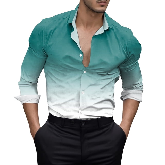 Camisas Casuales Para Hombre Camisa con botones de solapa en 3D digital degradado informal para hombre (Green, L)