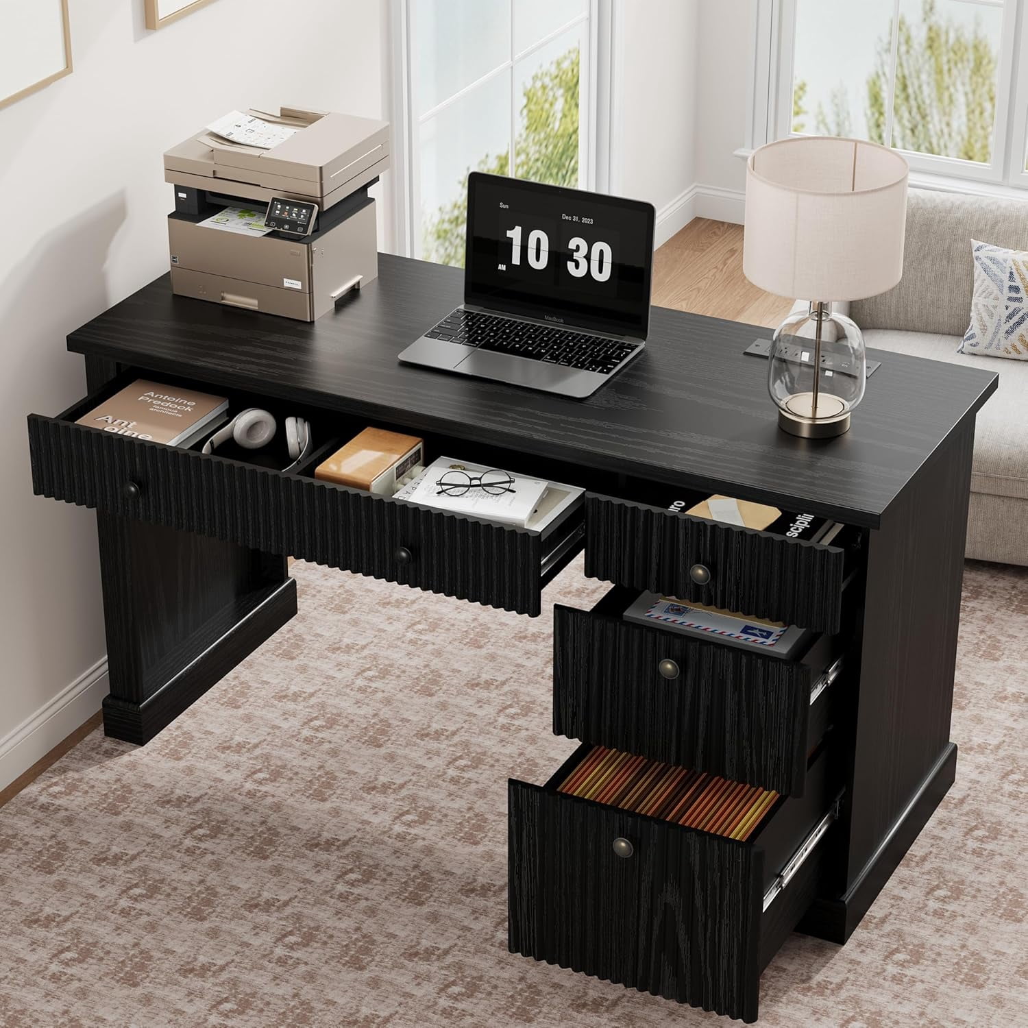 Fluted Home Office Desk Storage, 54" Modern Executive Desk with Charging Station, Wooden Computer Writing Desk with File Cabinet & Drawers for Study, Living Room, Bedroom
