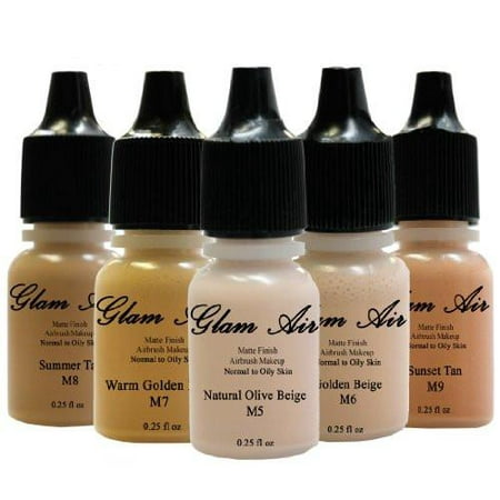Glam Air Airbrush Water-based Large 0.50 Fl. Oz. Bottles of Foundation in 5 Assorted Medium Matte Shades (For Oily to Normal