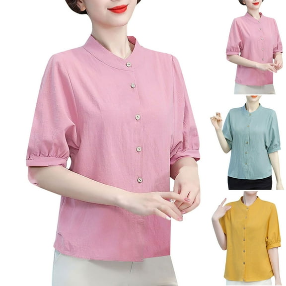 Itsame Summer Linen Short Shirt Sleeved Womens Casual T-Shirt Tops Round Neck Cotton T Shirt Green Size 2XL