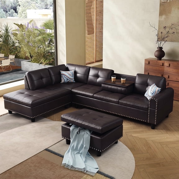 AENKYO 98" L-Shaped Sectional Sofa with Reversible Chaise, Storage Ottoman & Cup Holders, Faux Leather, Brown
