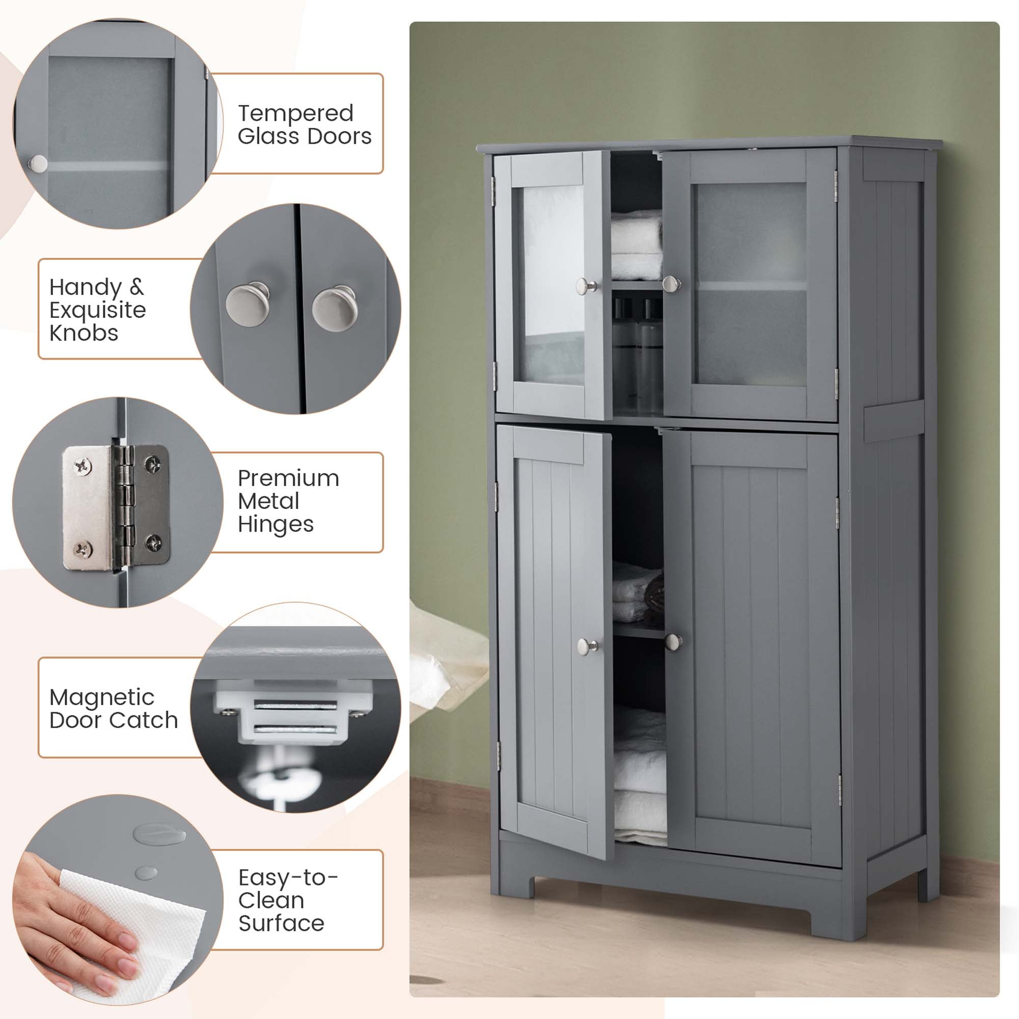 Grey Bathroom Storage Cabinet with Adjustable Shelves, Freestanding Floor  Cabinet for Home Kitchen, Easy to Assemble WS-WF283639AAE - The Home Depot