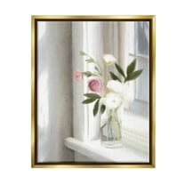 Stupell Industries Sunlit Flower Bouquet Blooming White Petals Windowsill Painting Metallic Gold Floating Framed Canvas Print Wall Art, Design by Leah Straatsma